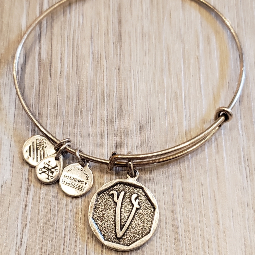 Alex and Ani Cursive V Initial Charm Bangle